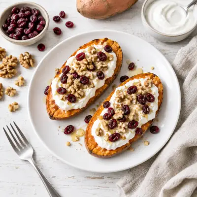 Sweet Potato "Toasts" with Yogurt, Walnuts & Dried Cranberries