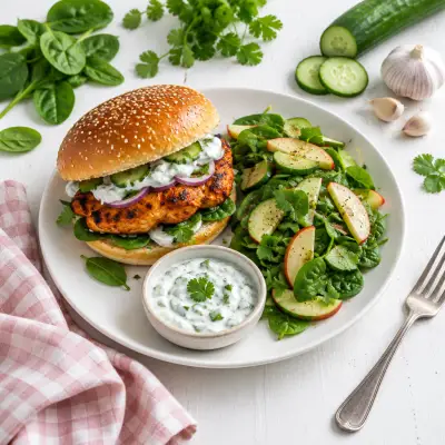 Tandoori Chicken Burger with Cucumber Raita & Spinach-Apple Salad