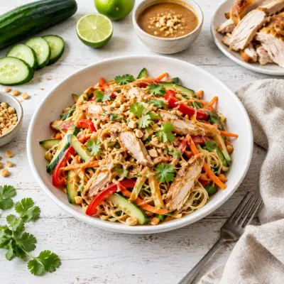 Thai Peanut Chicken Noodle Salad with Bell Pepper, Cucumber & Carrot