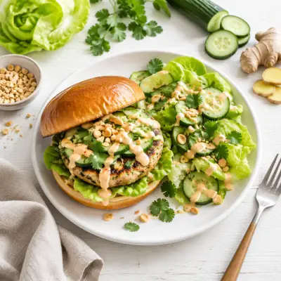 Thai Turkey Burger with Cucumber-Lettuce Salad, Spicy Mayo & Peanuts
