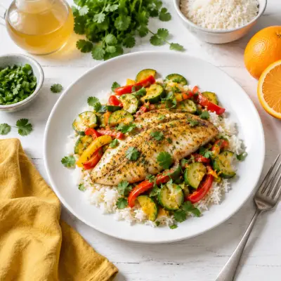 Tilapia with Cilantro-Orange Zucchini & Bell Pepper Sauté over Rice