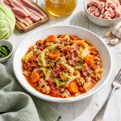 Tomato-Cabbage Stew with Ground Chicken, Bacon & Carrots