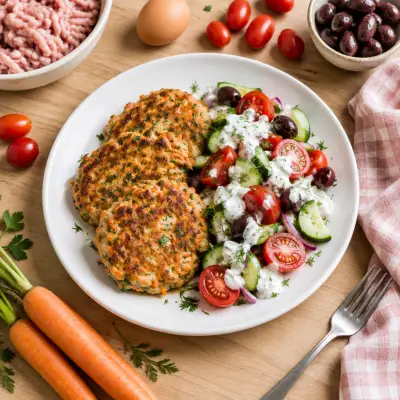 Turkey & Carrot Fritters with Tzatziki-Dressed Veggie Salad