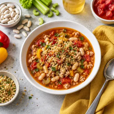 Turkey Chili-Style Soup with White Beans, Peppers & Bread Crumbs