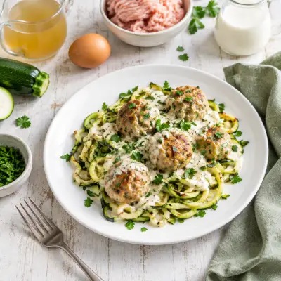 Turkey Meatballs with Baked Zucchini Noodles, Cream Sauce & Parsley