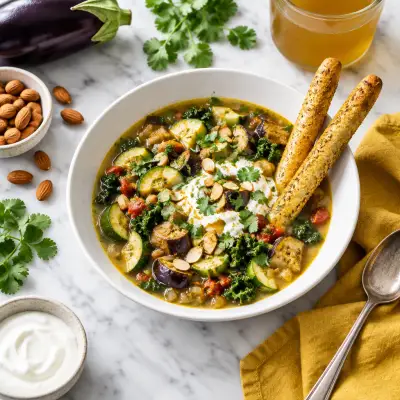 Veggie Soup with Eggplant, Zucchini, Kale, Yogurt & Curry Breadsticks