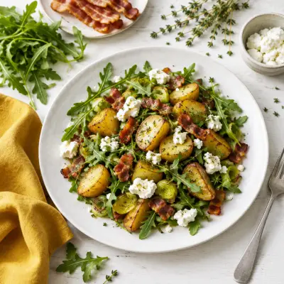 Warm Bacon, Potato, Leek, Goat Cheese & Arugula Salad with Thyme