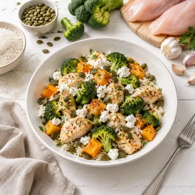 Warm Rice Salad with Chicken, Broccoli, Pumpkin Seeds & Goat Cheese