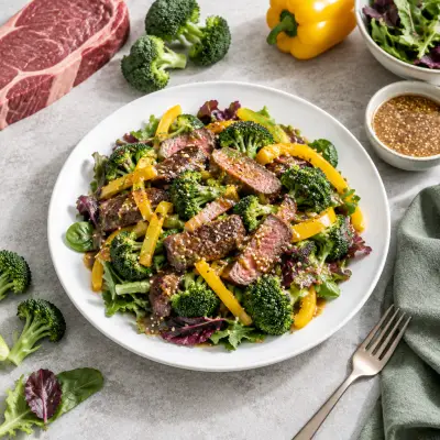 Warm Steak, Broccoli & Bell Pepper Salad with Sesame Dressing