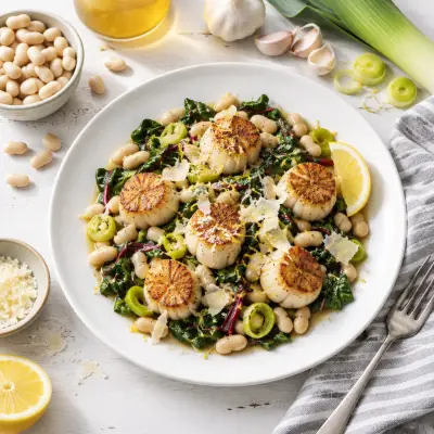 White Bean-Chard Sauté with Seared Scallops, Leeks, Lemon & Parmesan