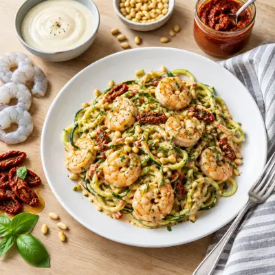 Zucchini Noodles with Shrimp, Sun-Dried Tomato Alfredo & Pine Nuts