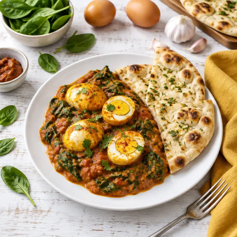 Tikka Masala Eggs with Spinach & Garlic Naan, plated