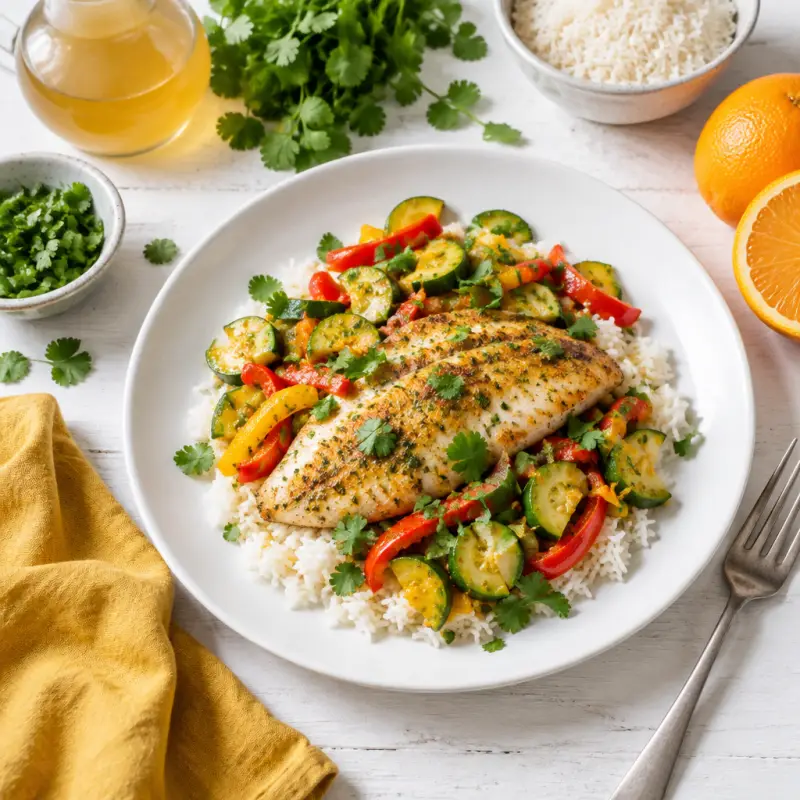 Tilapia with Cilantro-Orange Zucchini & Bell Pepper Sauté over Rice, plated
