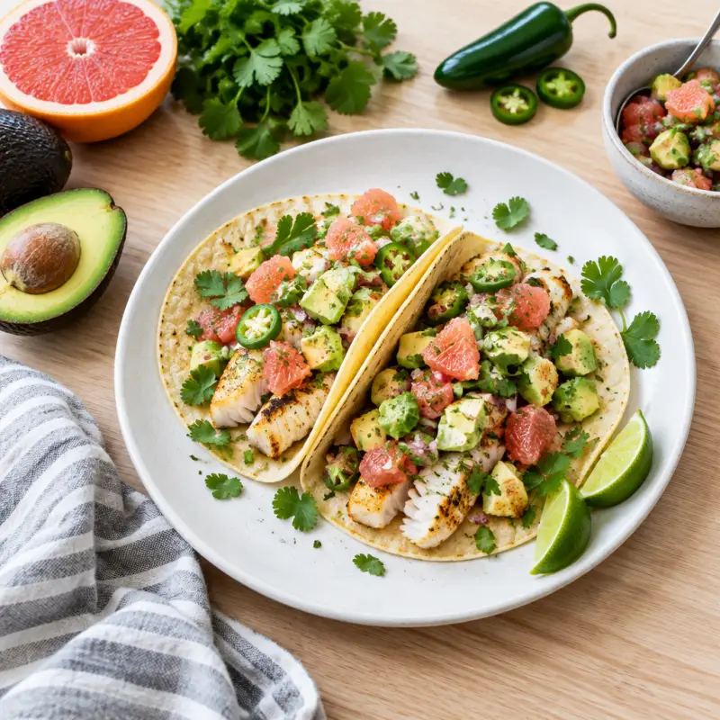 Tilapia Fish Tacos with Grapefruit-Avocado Salsa, plated