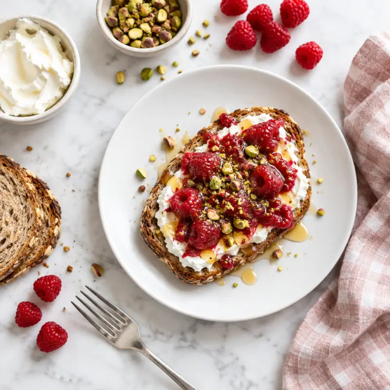 Toast with Cream Cheese, Honey-Crushed Raspberries & Pistachios, plated