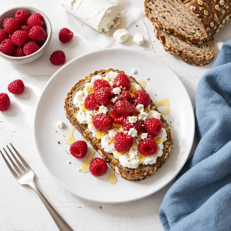 Toast with Goat Cheese, Raspberries & Honey, plated