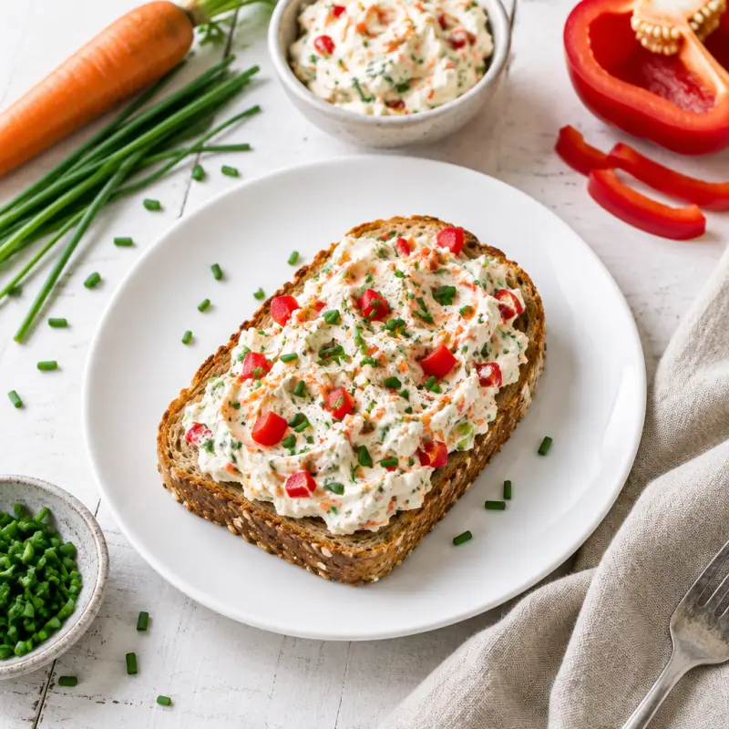 Toast with Loaded Garden Veggie Cream Cheese Spread, plated