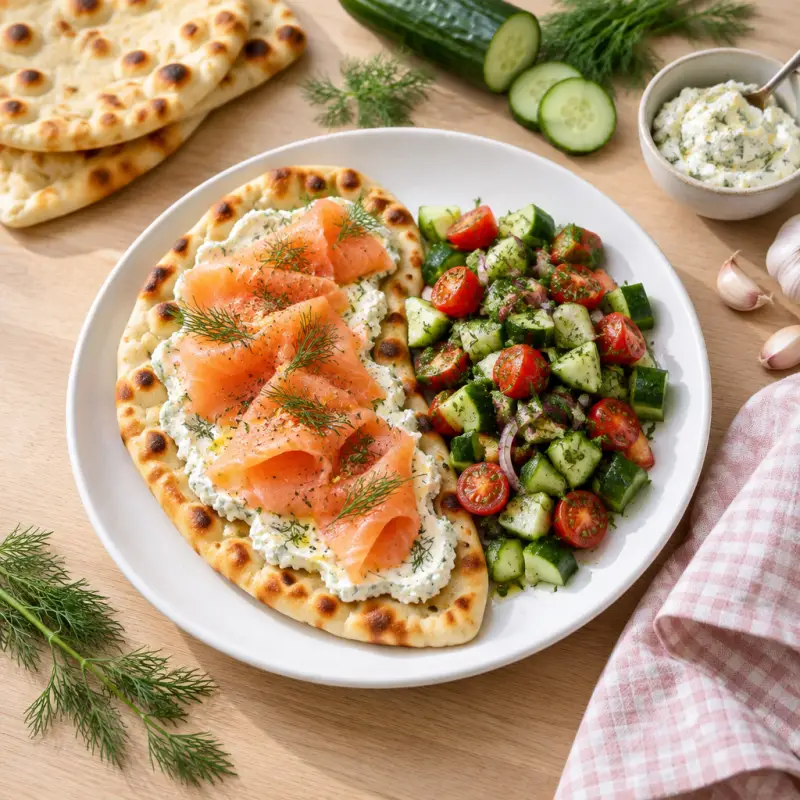 Toasted Naan with Smoked Salmon-Goat Cheese Spread & Chopped Salad, plated