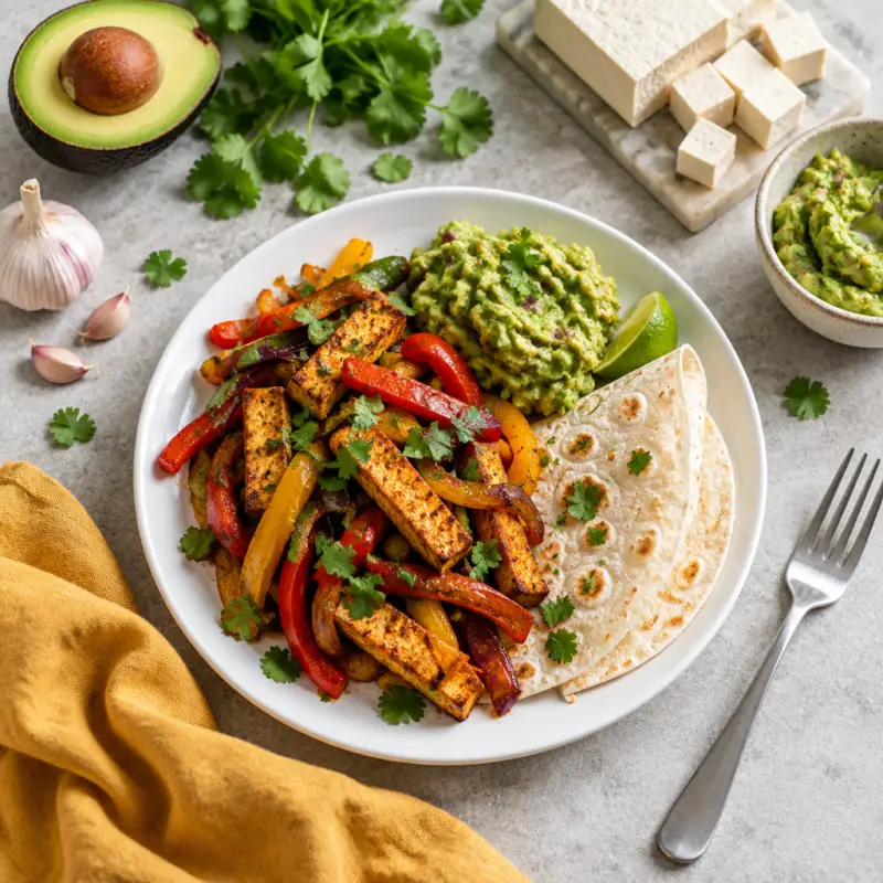 Tofu & Bell Pepper Fajitas with Guacamole, plated
