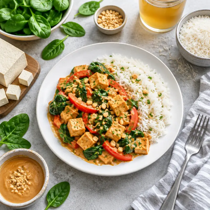 Tofu, Bell Pepper & Spinach in Peanut Sauce with Basmati Rice, plated