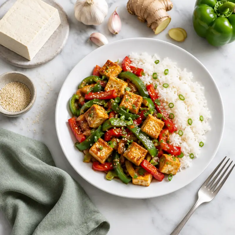Tofu & Bell Pepper Stir Fry with Jasmine Rice, plated