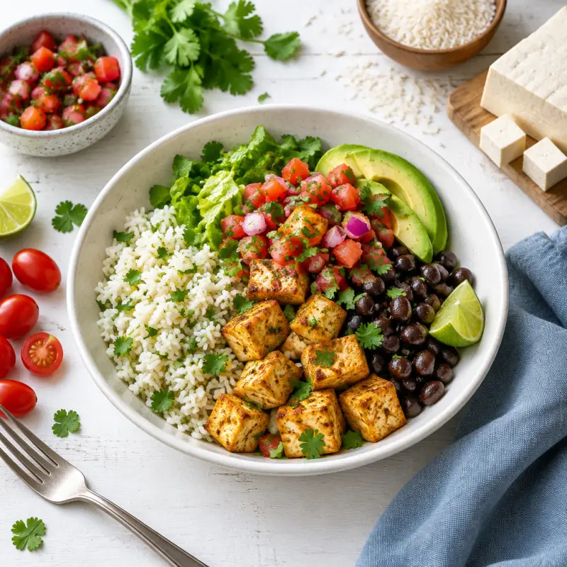 Tofu Burrito Bowl with Cilantro-Lime Rice & Pico de Gallo, plated