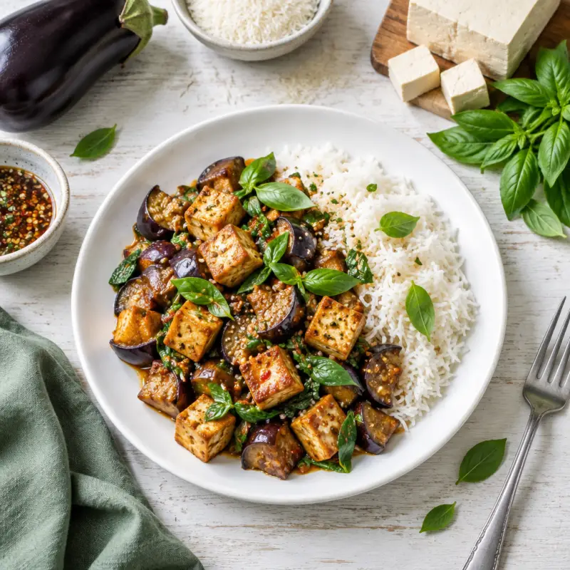 Tofu & Eggplant Stir Fry with Basmati Rice, plated