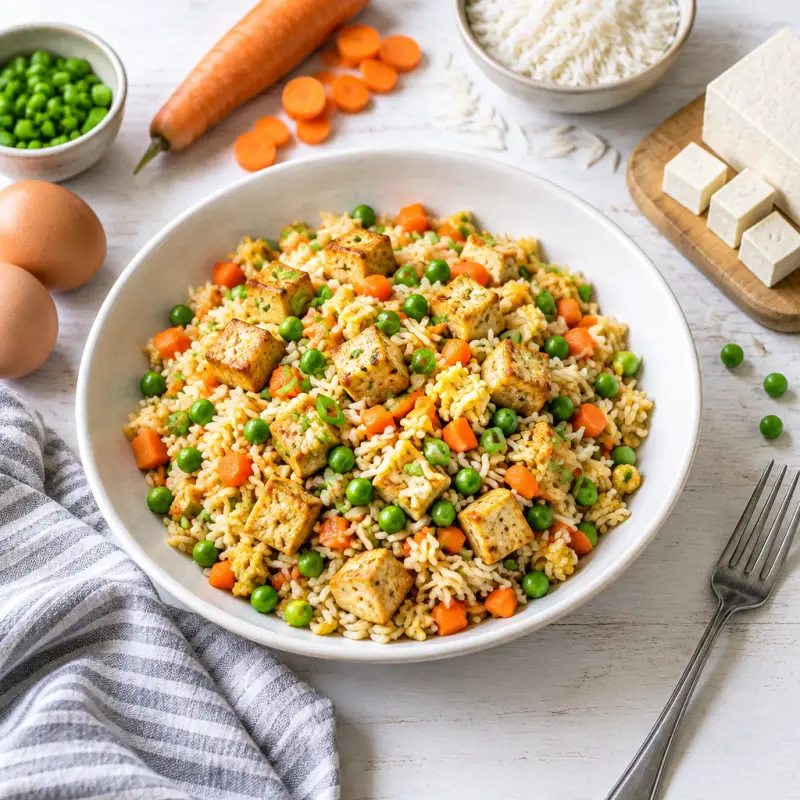 Tofu Fried Rice with Carrots & Peas, plated