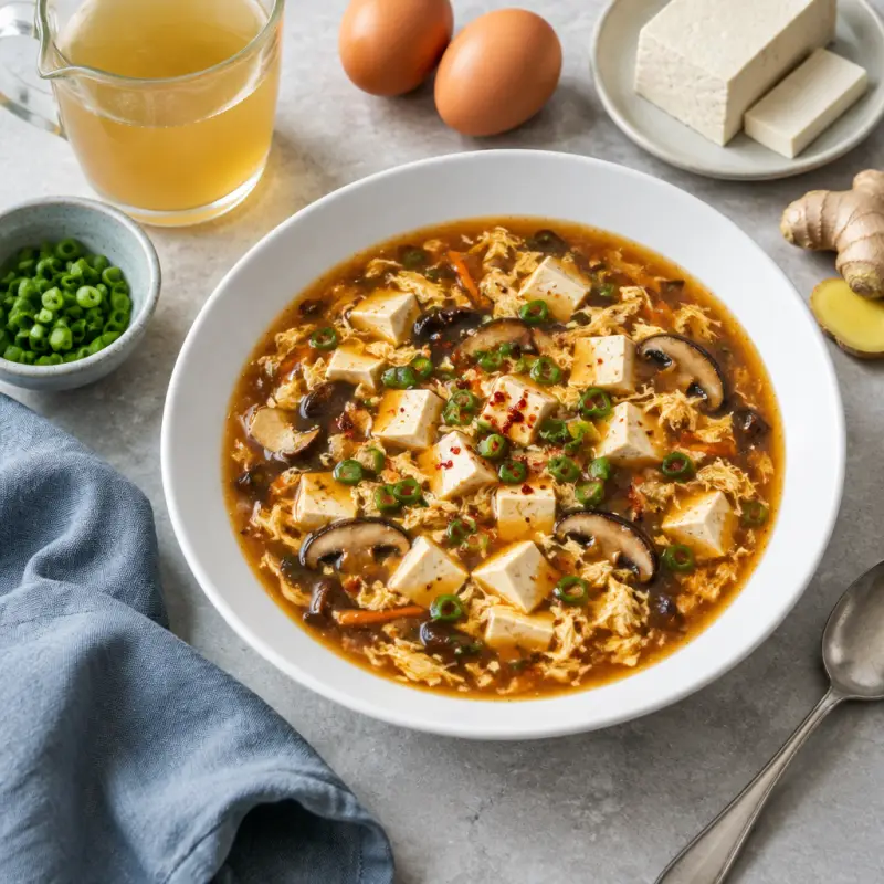 Tofu Lovers' Hot & Sour Soup with Mushrooms, plated