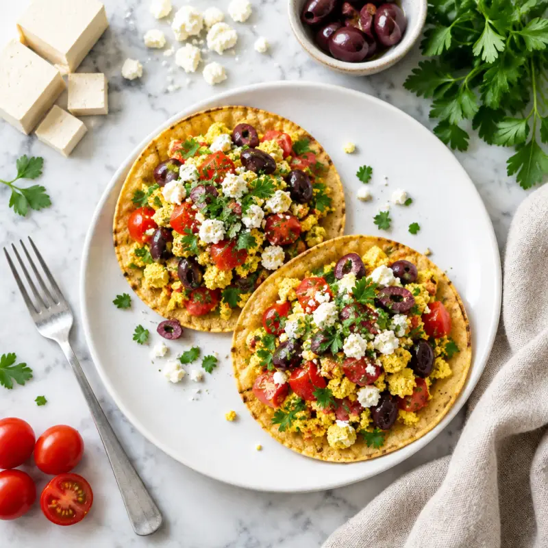 Tofu Scramble Breakfast Tostadas with Feta, Tomatoes, Olives & Parsley, plated