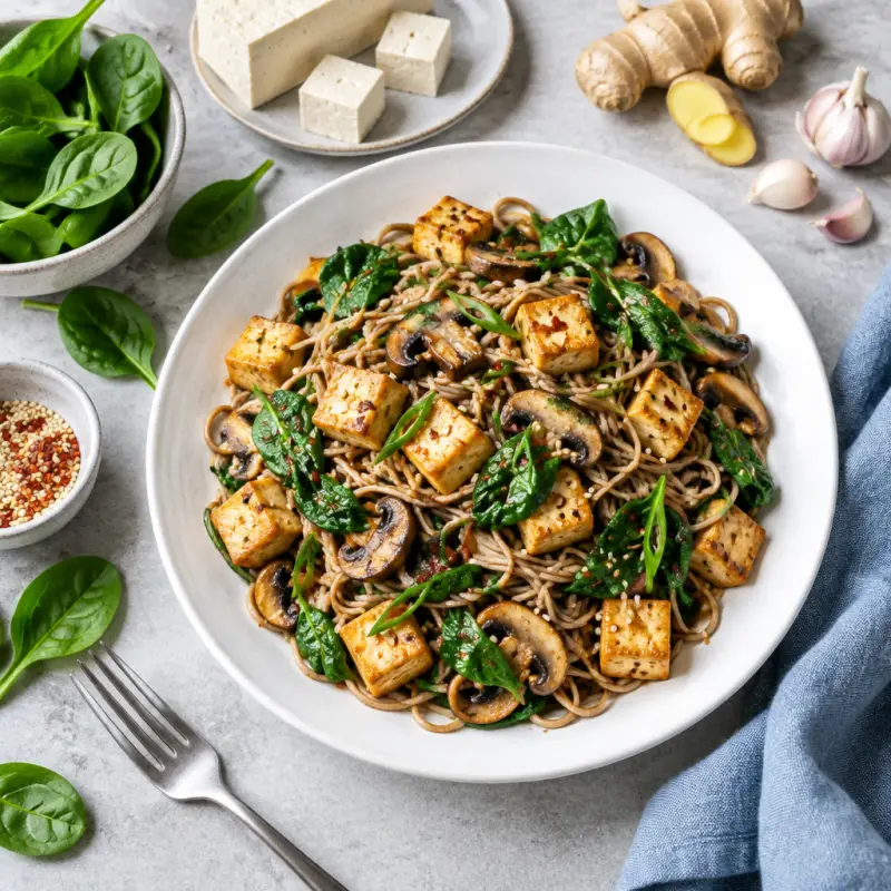 Tofu & Soba Noodle Stir Fry with Spinach & Mushrooms, plated