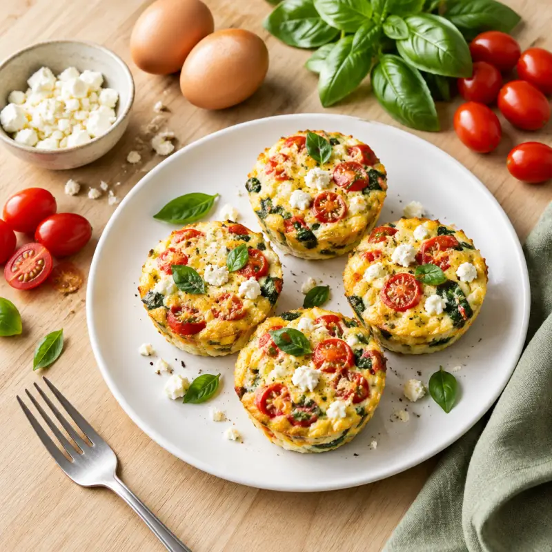 Tomato, Basil & Feta Breakfast Egg Muffins, plated