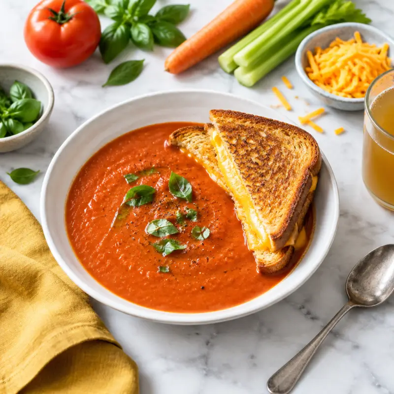 Tomato-Basil Soup with Cheddar Grilled Cheese, plated