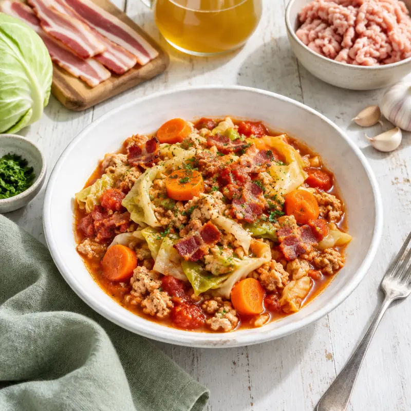 Tomato-Cabbage Stew with Ground Chicken, Bacon & Carrots, plated