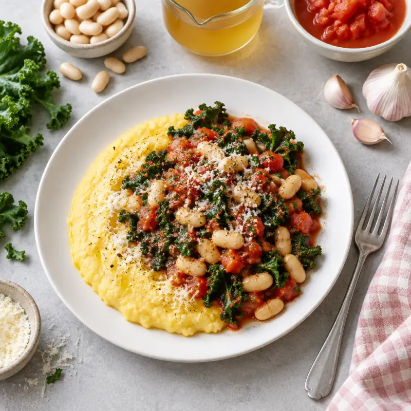 Tomato, Kale & Cannellini Bean Skillet with Parmesan Polenta, plated