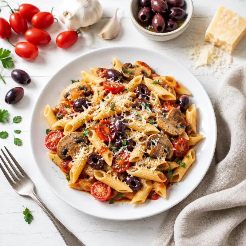 Tomato, Mushroom & Kalamata Olive Penne with Parmesan, plated