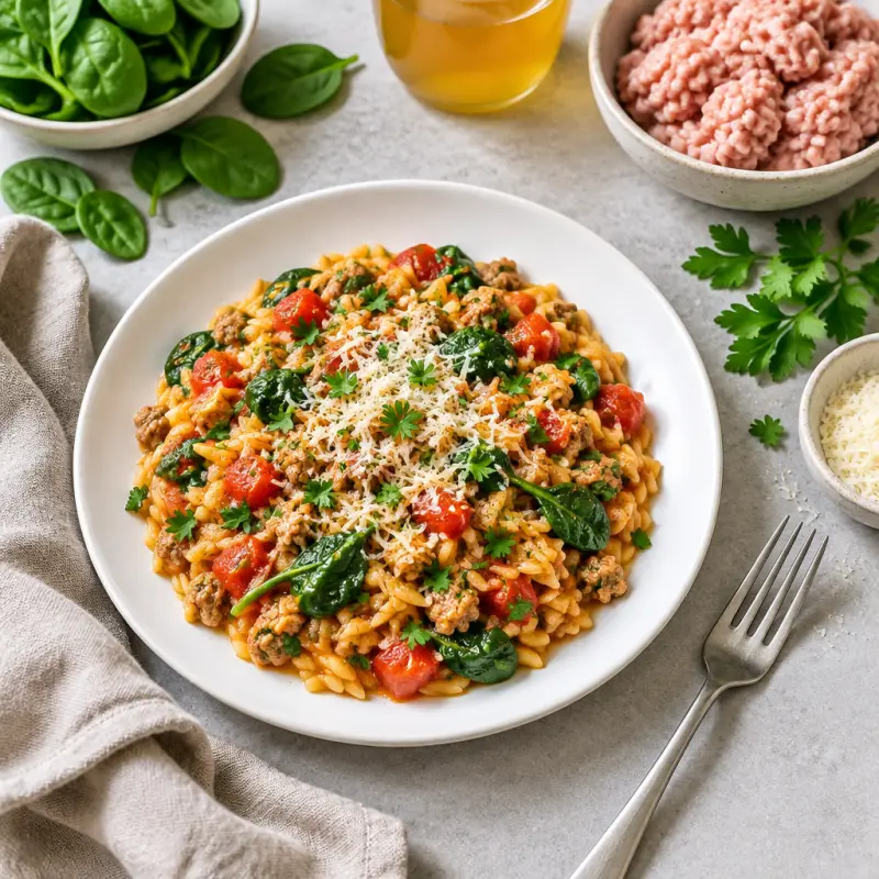 Tomato-Spinach Orzo with Ground Turkey, Parmesan & Parsley, plated