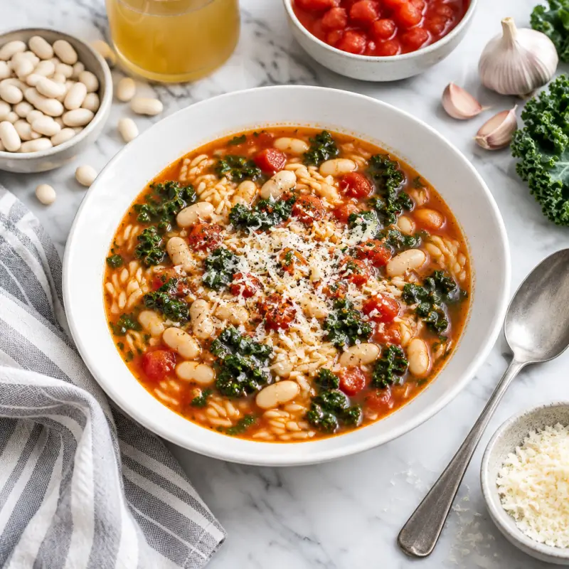 Tomato-White Bean Soup with Orzo, Kale & Parmesan, plated
