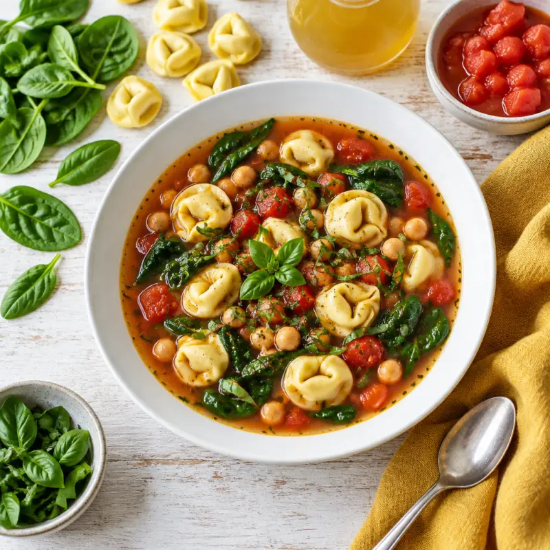 Tortellini, Chickpea, Spinach & Tomato Soup with Basil, plated