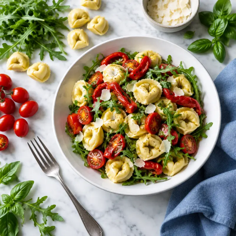 Tortellini Pasta Salad with Roasted Red Peppers, Arugula & Parmesan, plated