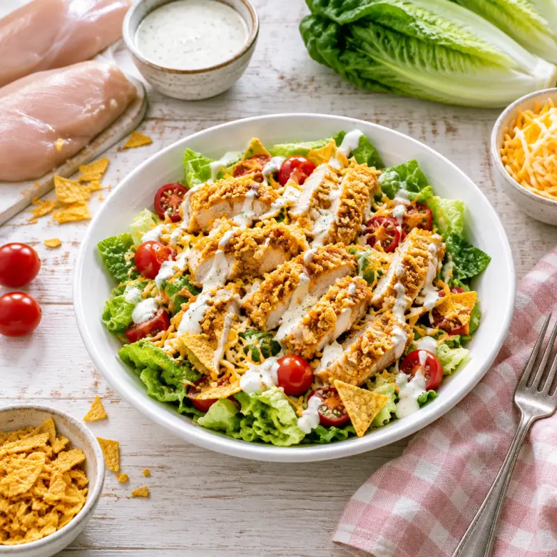 Tortilla Chip-Crusted Chicken Salad with Tomatoes, Cheese & Ranch, plated
