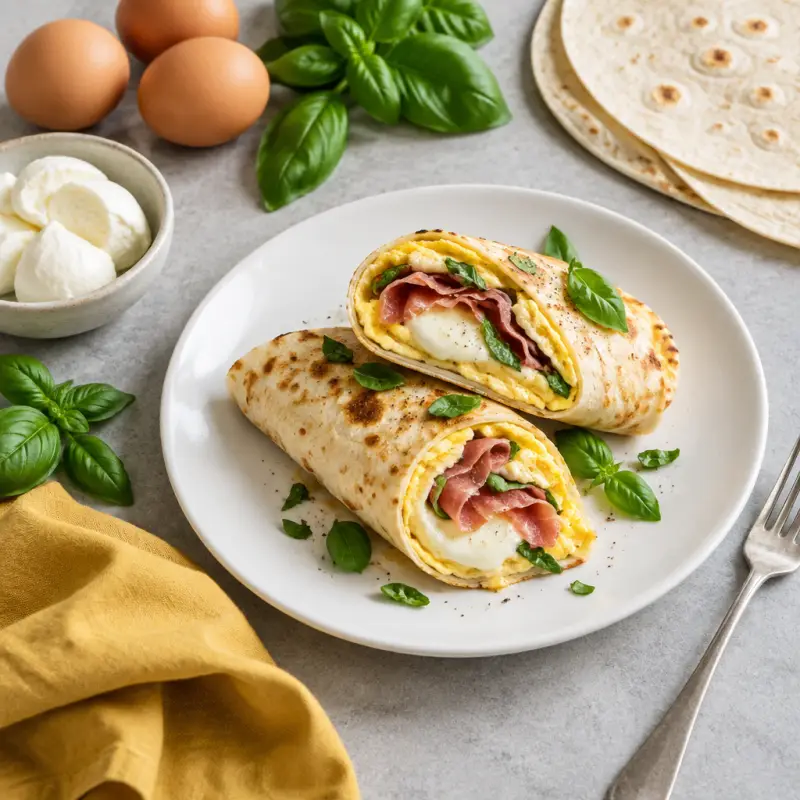 Tortilla Egg Roll with Prosciutto, Mozzarella & Basil, plated