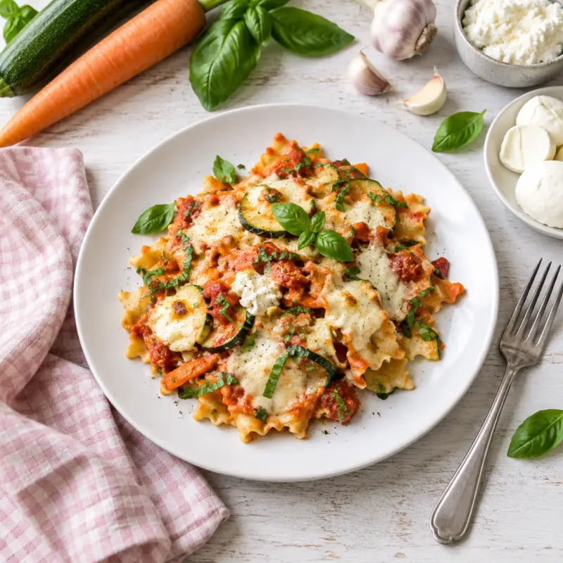 Tossed Skillet Lasagna with Zucchini, Carrot, Ricotta & Basil, plated