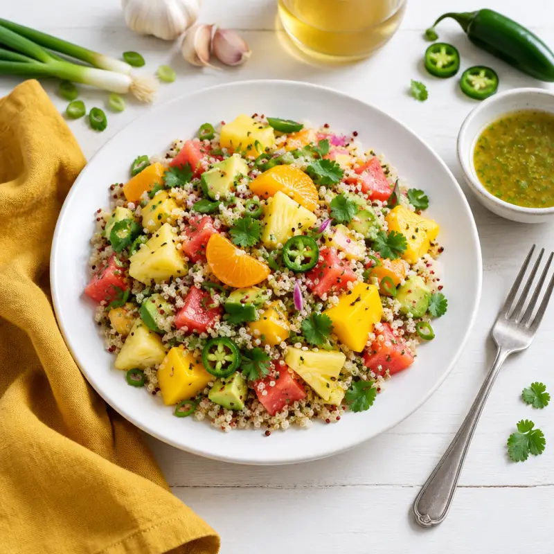 Tropical Fruit & Quinoa Salad with Honey-Lime Dressing, plated