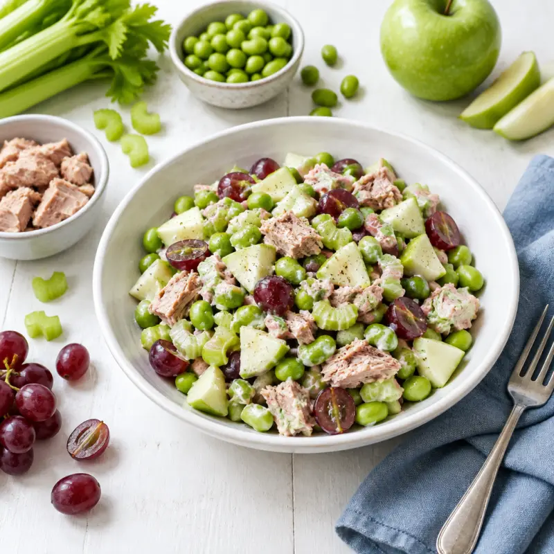 Tuna-Edamame "Waldorf" Salad with Apple, Grapes & Celery, plated