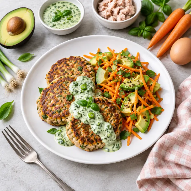 Tuna Fritters with Basil-Scallion Sauce & Crunchy Carrot Avocado Salad, plated
