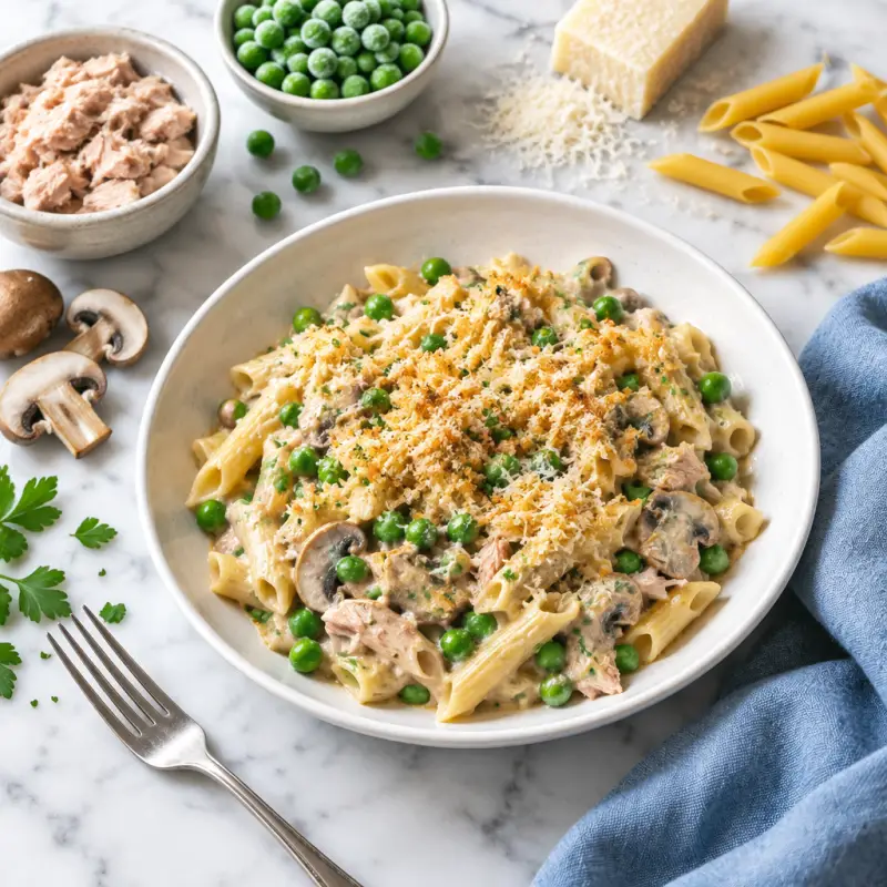 Tuna Noodle Casserole with Peas & Creamy Mushroom Sauce, plated