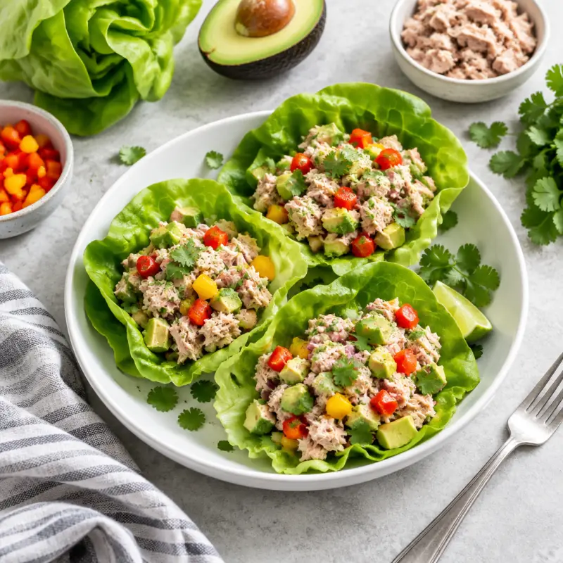 Tuna Salad Lettuce Wraps with Avocado & Bell Pepper, plated