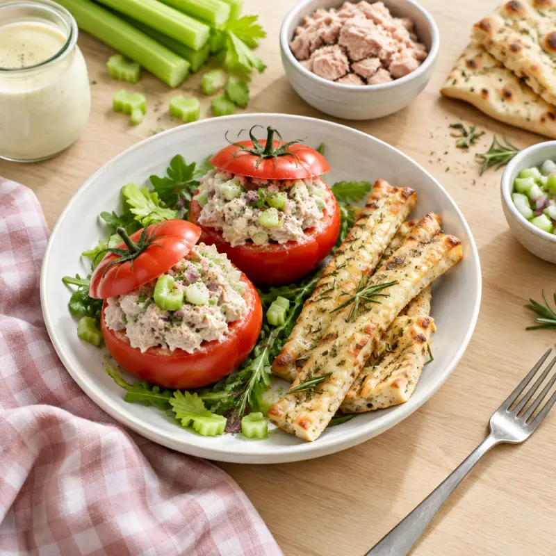 Tuna Salad Stuffed Tomatoes with Cheesy Rosemary Breadsticks, plated