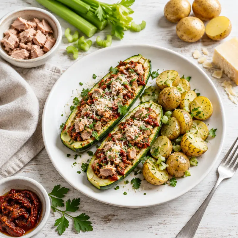 Tuna Zucchini Boats with Sun-Dried Tomato Pesto, Parmesan & Potatoes, plated